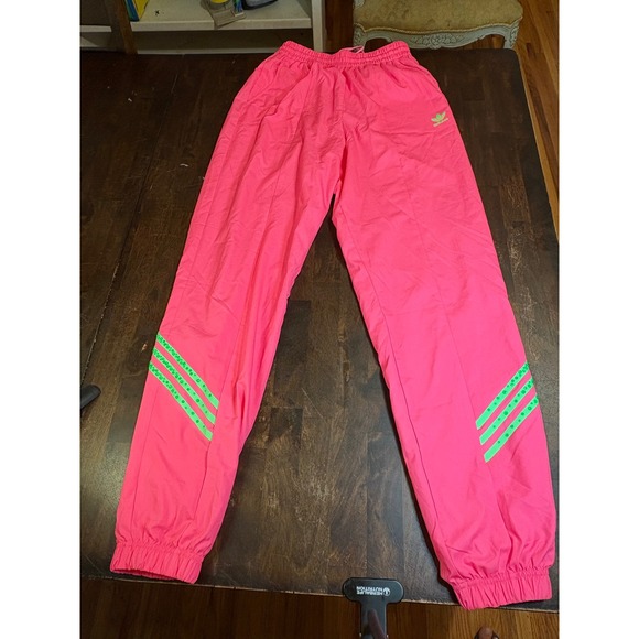 Adidas Track Pants XS Hot Pink Neon Green Stripes Trefoil Logo - Picture 1 of 4